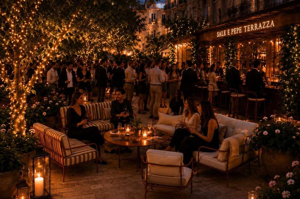 Outdoor terrace at night with string lights, lounge seating, flowers, and guests mingling under illuminated trees.