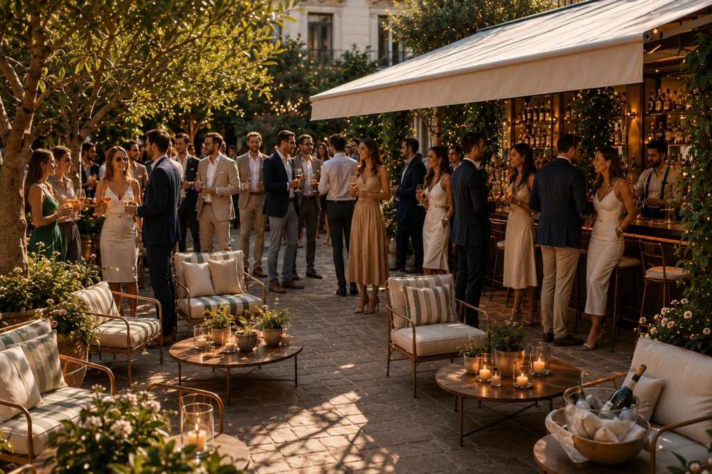 Outdoor terrace with guests in cocktail attire, string lights, potted plants, lounge seating, and bar area at dusk.