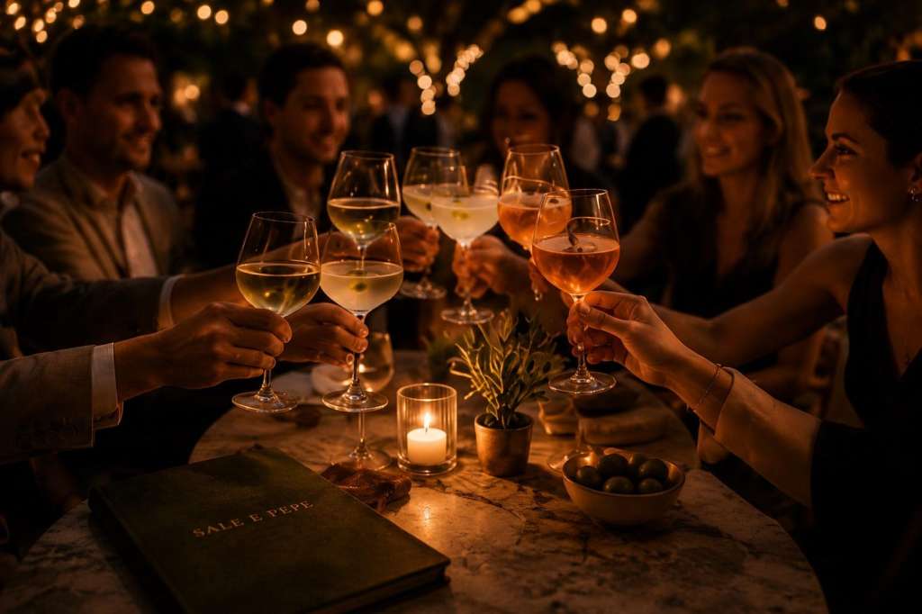 Group toasting with wine glasses at an outdoor table lit by string lights and candles, with appetizers and menu visible.
