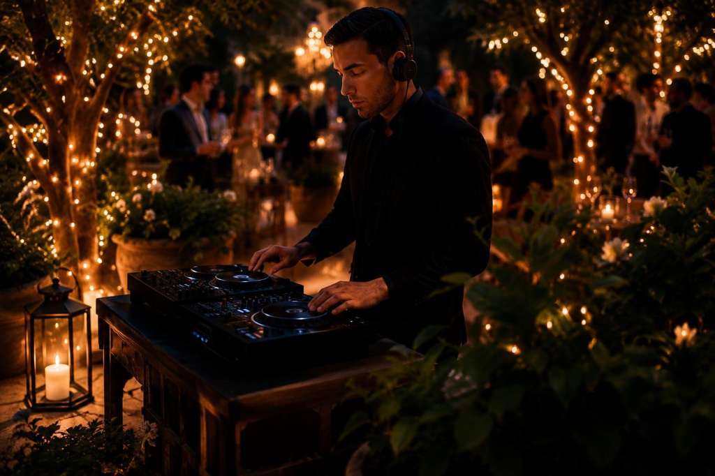 DJ performing at outdoor event with warm string lights wrapped around trees and guests mingling in background.