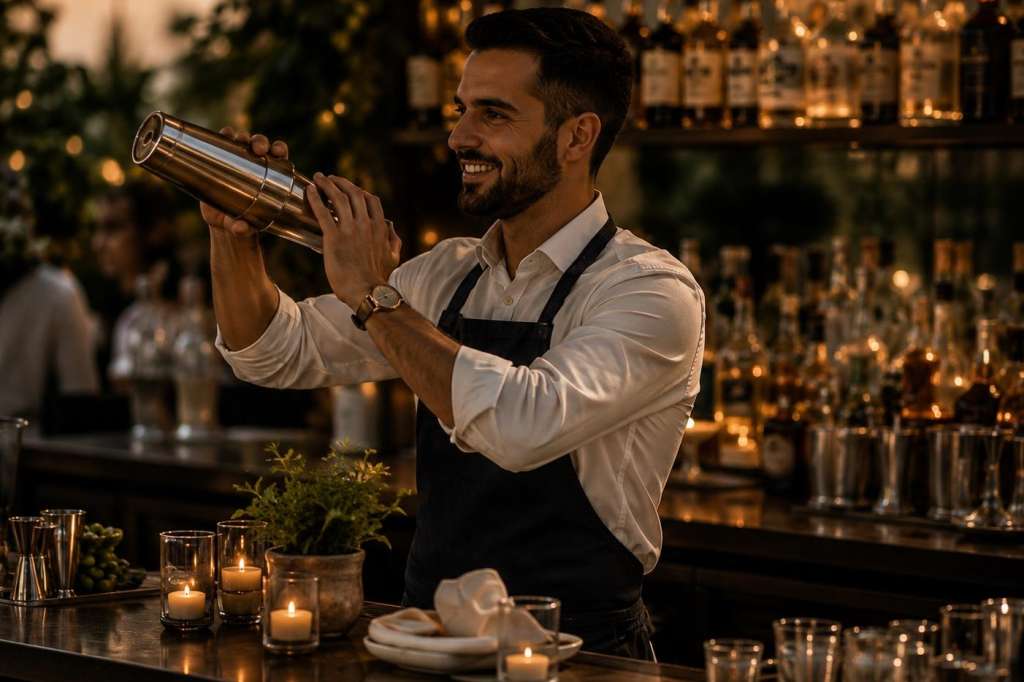 Bartender in white shirt and apron mixing a cocktail at an illuminated bar counter with candles and glassware.