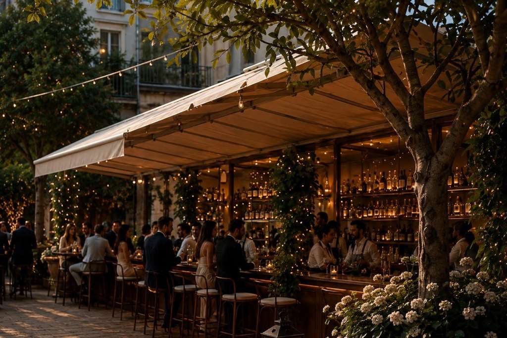 Outdoor terrazza with retractable awning, bar seating, string lights, and guests mingling under trees.