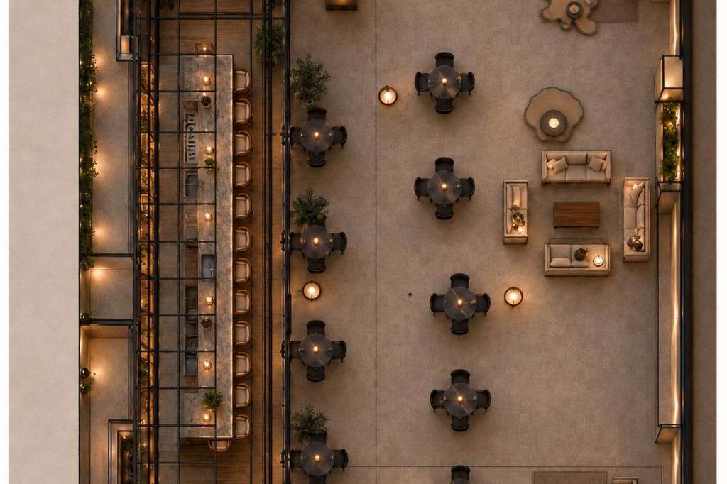 Overhead view of a large venue with round dining tables, lounge seating, warm ambient lighting, and decorative greenery throughout.