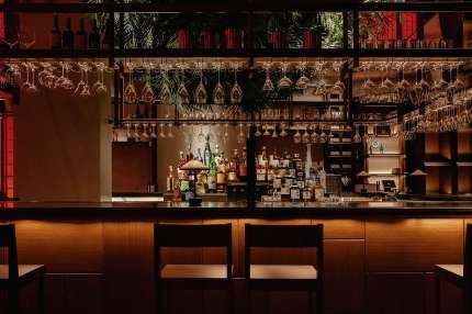 Bar counter with leather seating, backlit shelving displaying bottles, warm ambient lighting, and decorative foliage.