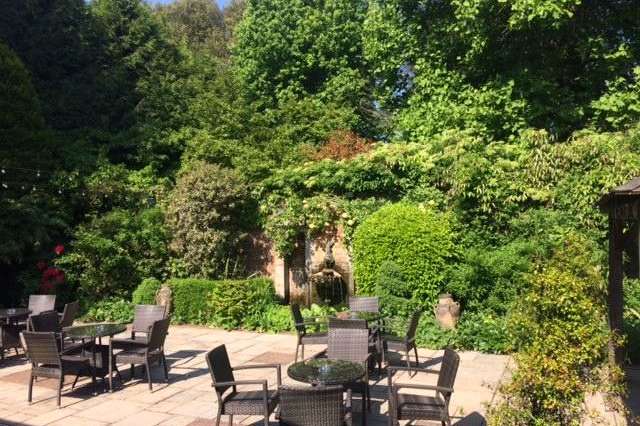 Outdoor terrace with grouped seating areas, ivy-covered walls, and lush green foliage surrounding the space.