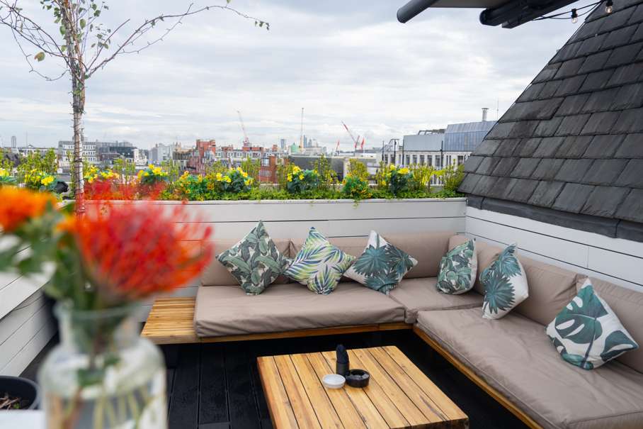 Rooftop terrace with built-in seating, decorative pillows, and city skyline views. Red flowers in foreground.