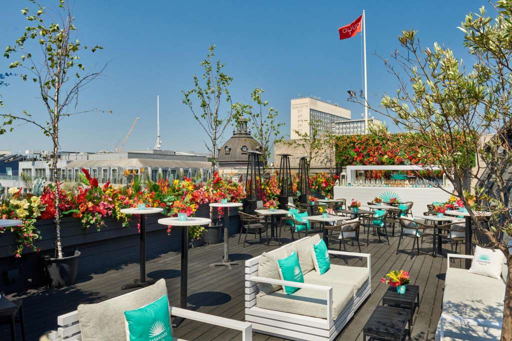 Rooftop terrace with lounge seating, turquoise cushions, vibrant red and yellow floral arrangements, and clear blue sky.