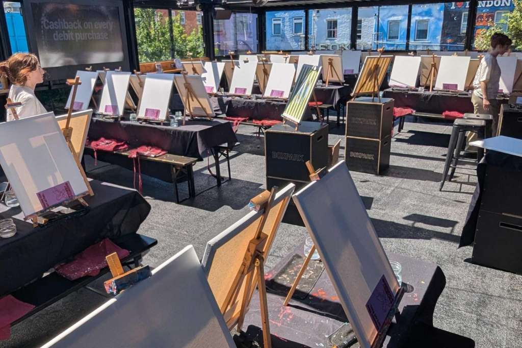 North Terrace outdoor space with easels displaying artwork, wooden chairs, red cushions, and retractable roof panels open to blue sky.