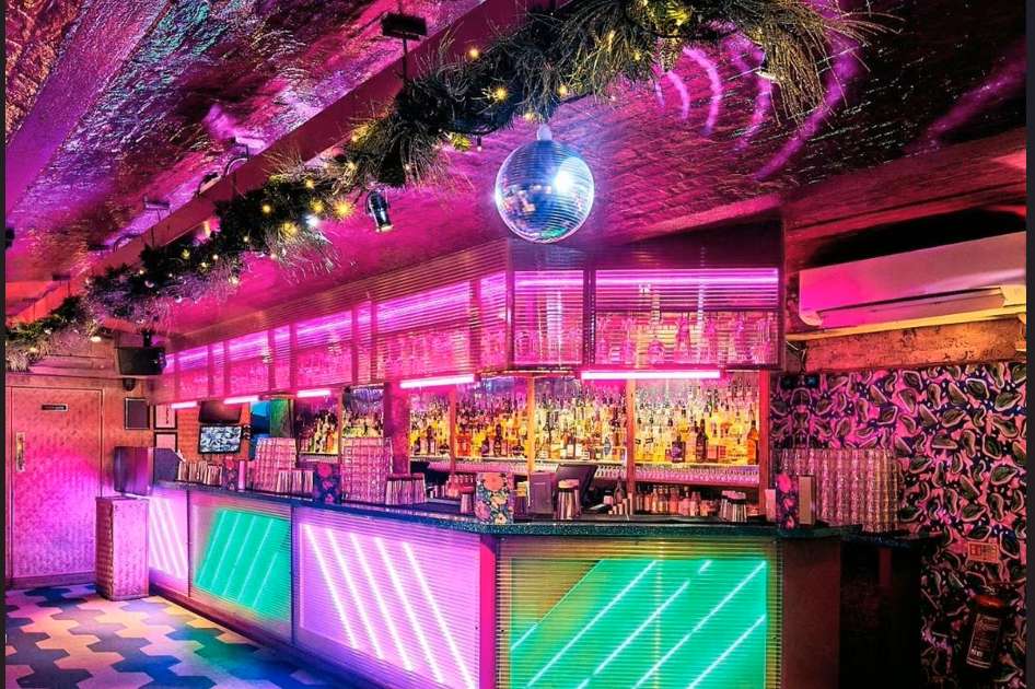 Back bar with neon lighting, disco ball, tropical plants, and illuminated bar counter in pink and green.