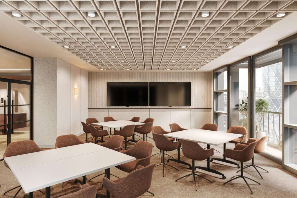 Modern conference space with geometric ceiling, white tables, brown chairs, and floor-to-ceiling windows overlooking city.