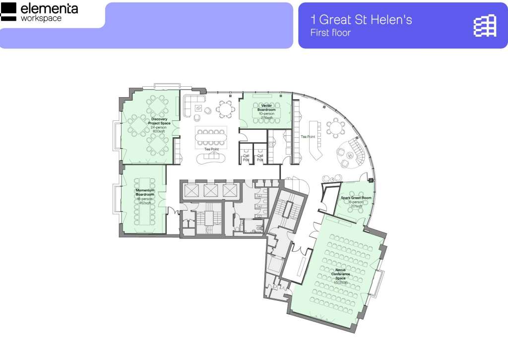 Floor plan of Elementa Workspace first floor showing multiple rooms and spaces with furniture layouts.