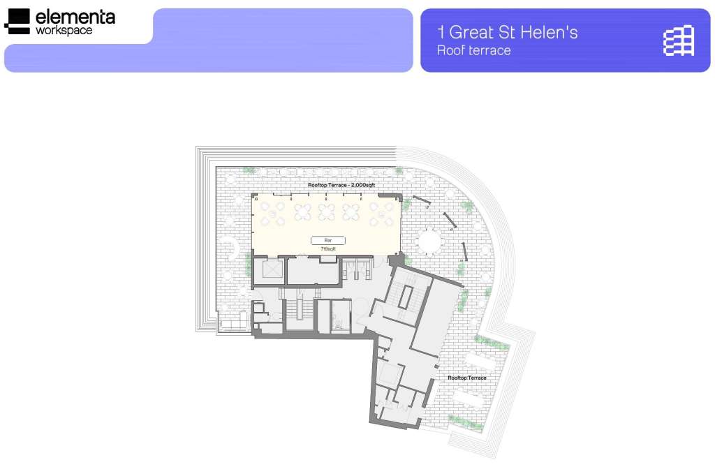 Roof terrace floor plan showing seating layout, bar area, and outdoor space with planting zones.