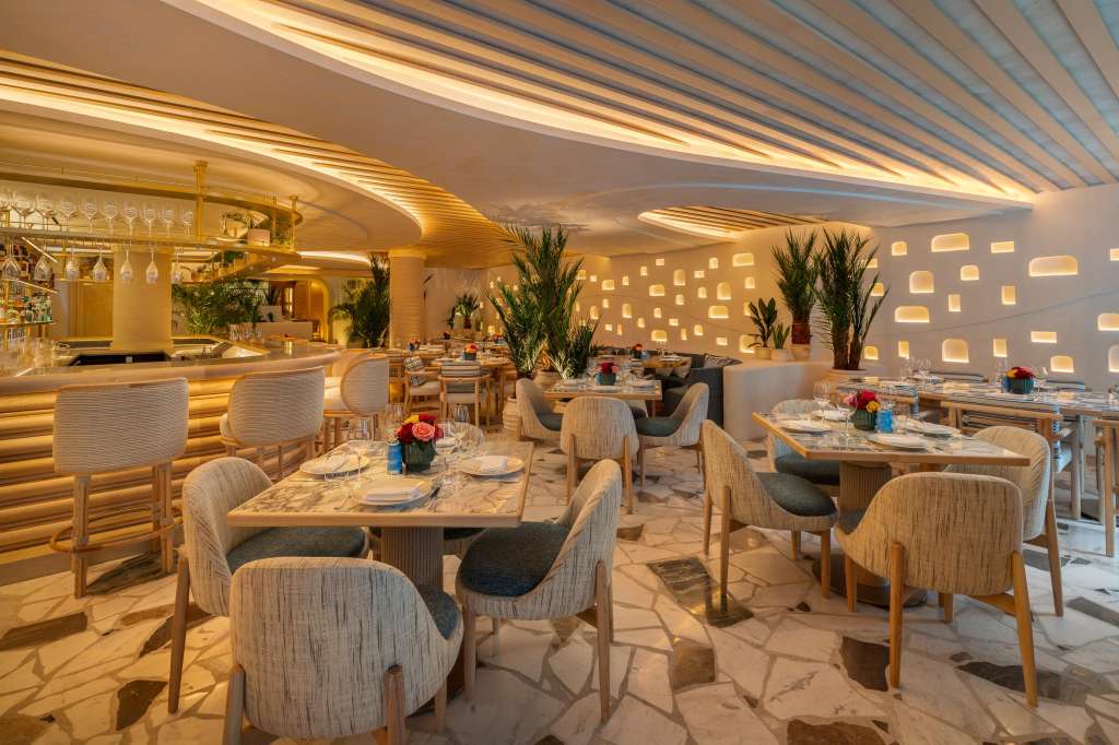 Modern dining room with wooden tables, upholstered chairs, bar counter, potted plants, and warm ambient lighting.