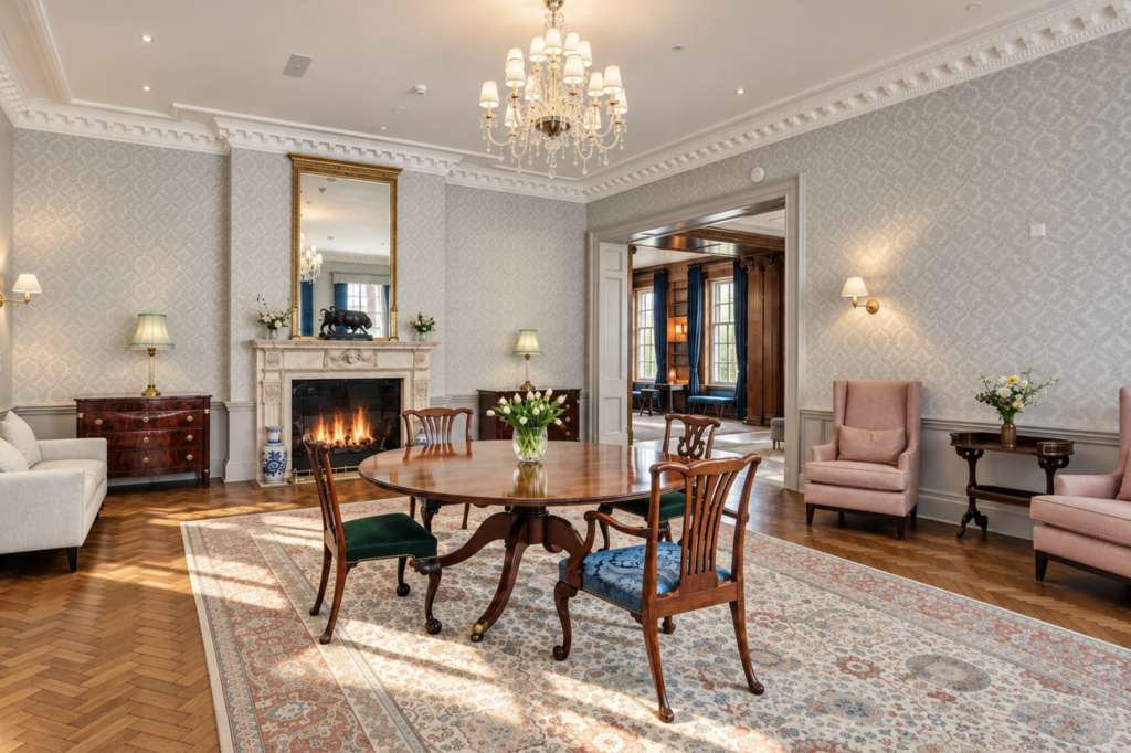 Elegant reception room with round dining table, fireplace, chandelier, and formal seating arranged throughout.