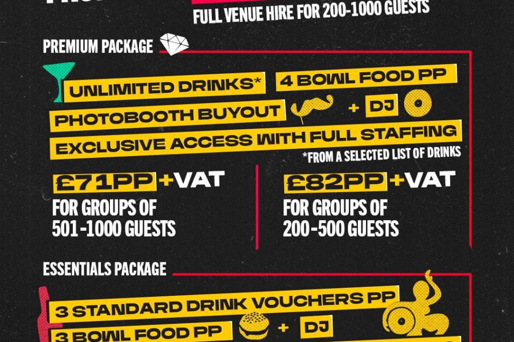 Promotional poster for Christmas party packages with pricing and package details on black background.