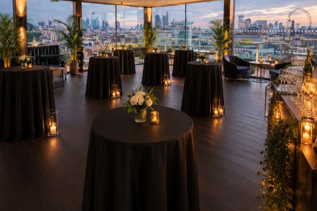 Rooftop space with round tables draped in black, candlelit centerpieces, and panoramic London skyline views through floor-to-ceiling windows.