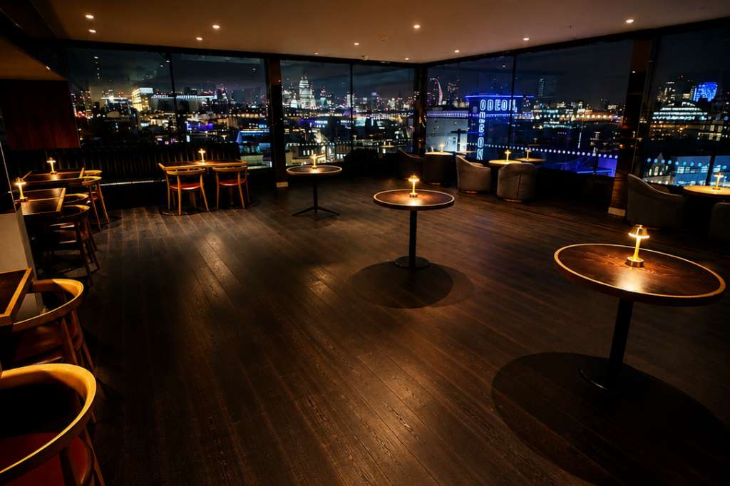Rooftop bar with high-top tables, ambient lighting, and panoramic London skyline views at night.